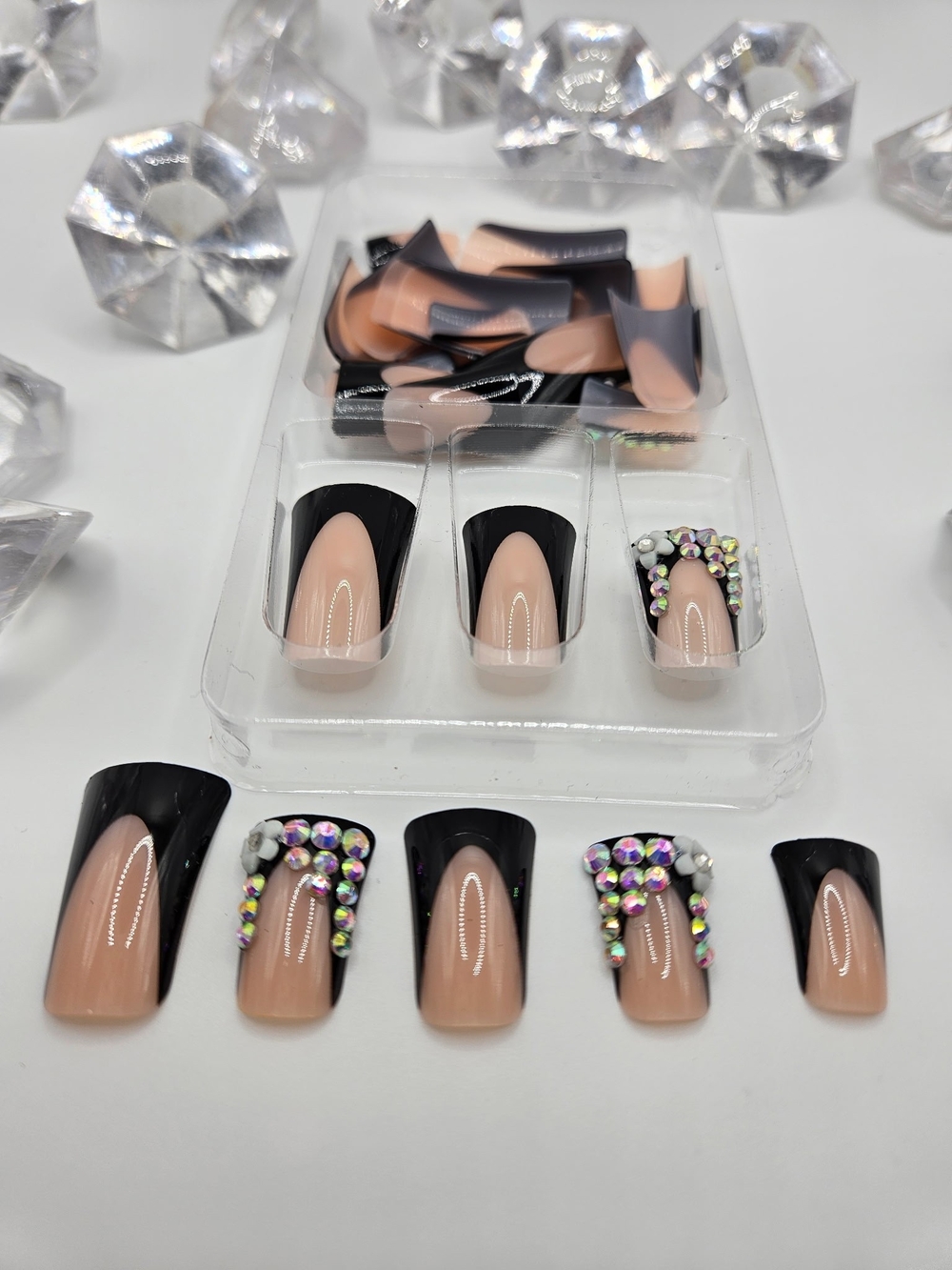Black and Nude Rhinestone French Tip Press-On Nails